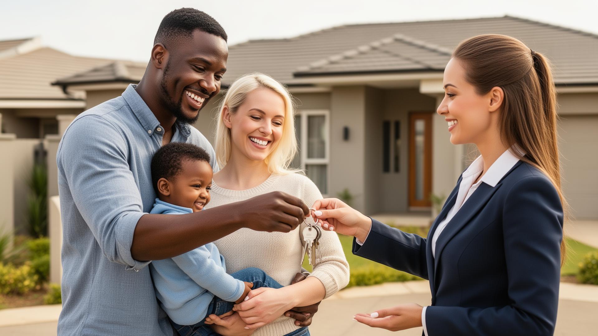 Real estate agent handing house keys to a happy couple