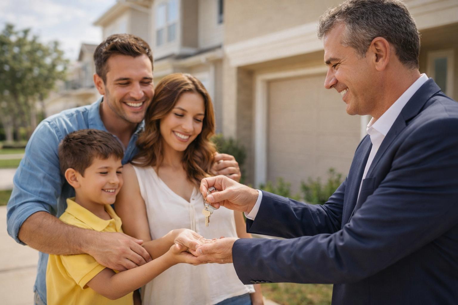 Family with their son receiving keys to a new home