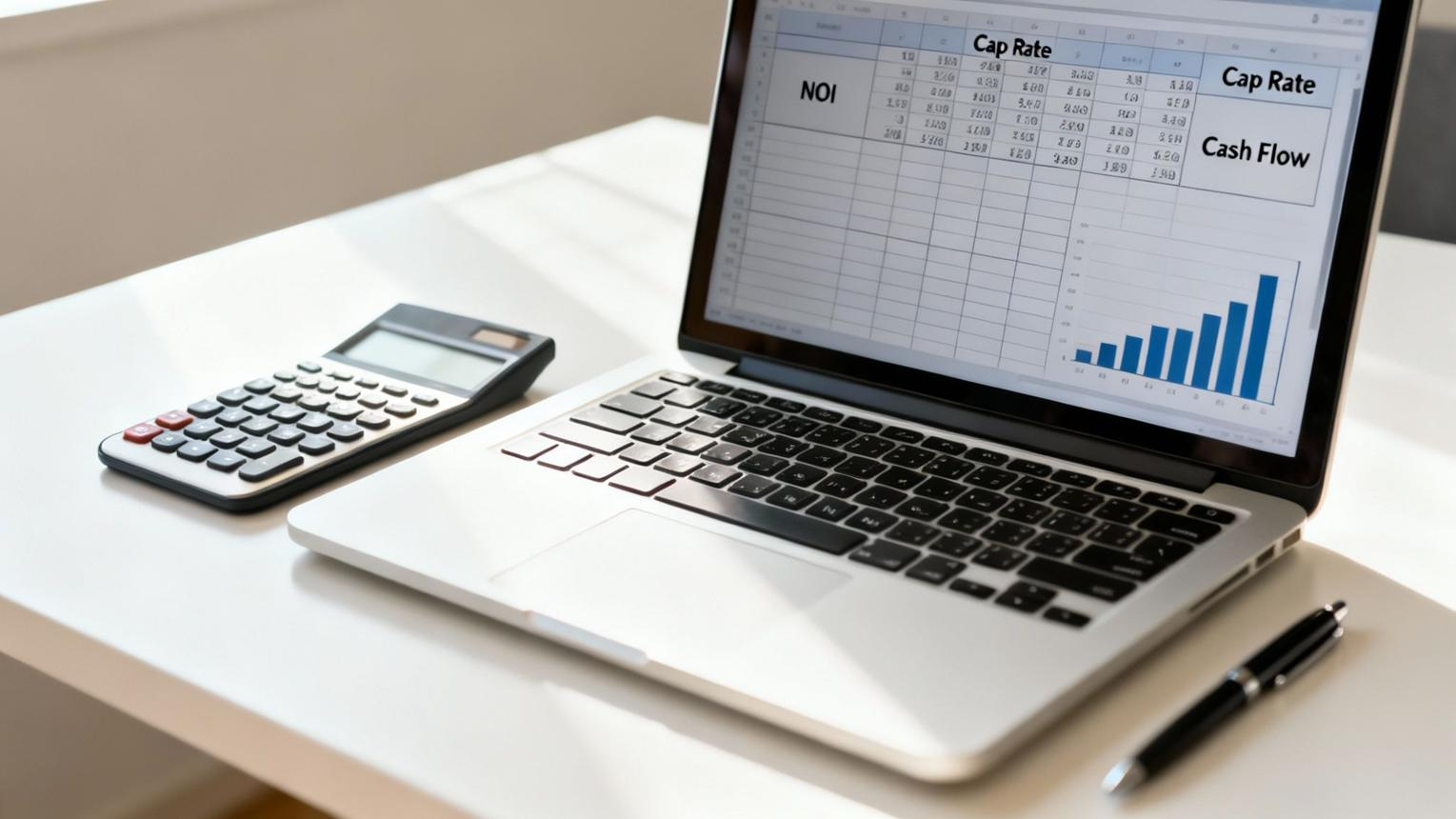 Laptop showing a property analysis spreadsheet with a calculator