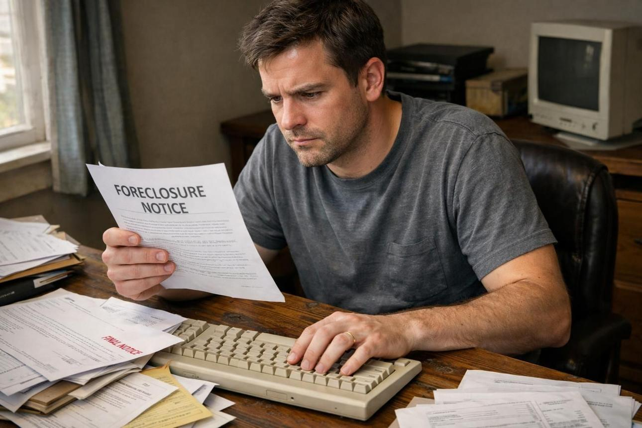 Homeowner reviewing a foreclosure notice at a desk