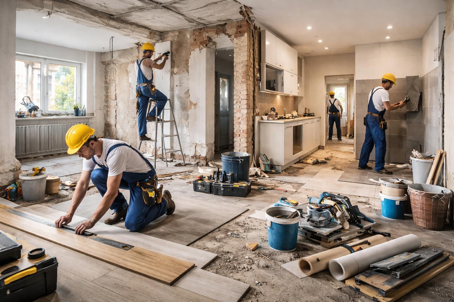 Investor and contractor reviewing renovation plans inside a gutted room