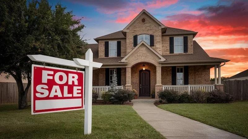 For Sale sign in front of a home at sunset